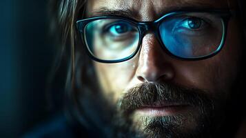 Intense close-up portrait of a man with glasses and beard captured with dramatic lighting and sharp focus on his eyes Cool and moody photo