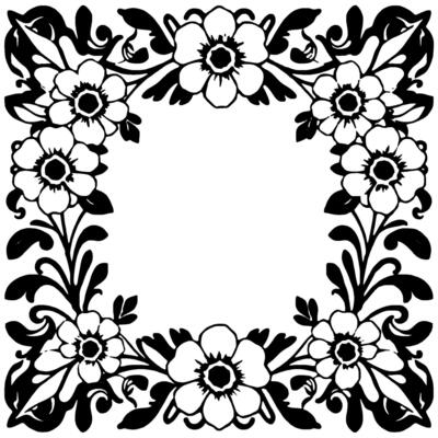 symmetrical floral border black and white floral frame with detailed petals, leaves and swirls, centered on white space.