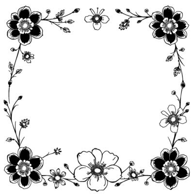 elegant black white floral frame a detailed botanical border with various flower types delicate vines, perfect for invitations