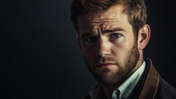 Intense gaze of a man with a thoughtful expression captured in a portrait showcasing depth and emotion against a dark backdrop photo