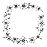 handdrawn floral wreath illustration with various flowers, leaves, and delicate stems creating a squareshaped frame. vector