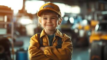 A cheerful young child dressed as a mechanic confidently posing in a workshop with a cap and coveralls radiating charm photo