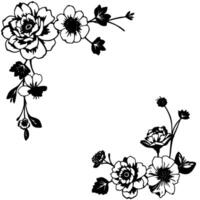 elegant black and white floral border , featuring detailed flower arrangements with leaves, arranged in corner compositions, on a clean white background. vector