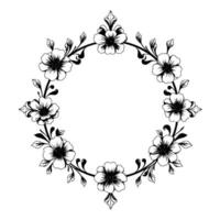 elegant black and white floral wreath a circular arrangement of stylized blossoms, leaves, and branches, creating a delicate, symmetrical, and ornate frame. vector