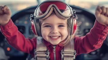 Young girl in flight gear dreaming of flying Her imagination takes her soaring through the skies full of joy and excitement photo