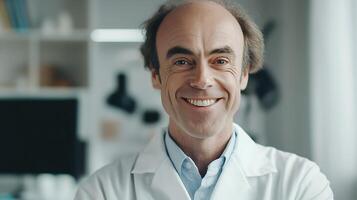 Portrait of a smiling scientist wearing a white lab coat in a medical facility showcasing confidence and expertise in his field photo