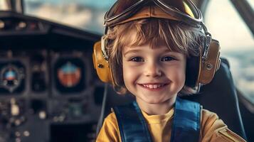 Young child dressed as a pilot in the cockpit of a plane beaming with joy and wearing aviation accessories for pretend play photo