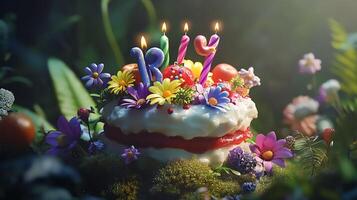 Festive celebration cake with lit candles and colorful flower decoration in a whimsical garden setting creating a joyful atmosphere photo