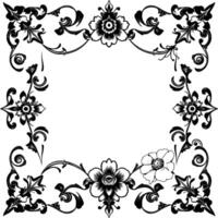 elegant black and white floral frame with intricate petals, leaves, and scrollwork forming a decorative border. vector