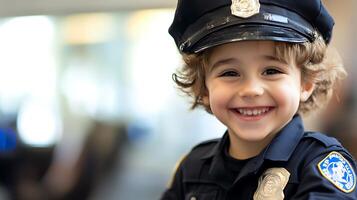 A young smiling child dressed up as a police officer complete with a hat and badge looks cheerfully at the camera with clear joy photo