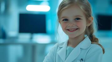 A young girl in a white lab coat smiles in a laboratory setting embodying curiosity and the future of science and research photo