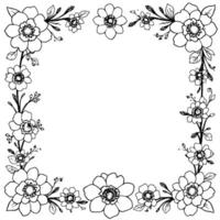 intricate black and white floral border with various flower types, leaves, and branches, forming a square frame. vector