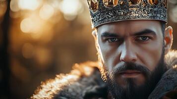 Portrait of a regal man with a crown and beard conveying power and authority in a historical setting Focused blue eyes and fur clothing photo
