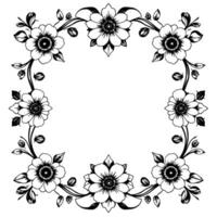 intricate black and white floral square frame with detailed blossoms, leaves, and buds, ideal for elegant elements and invitations. vector