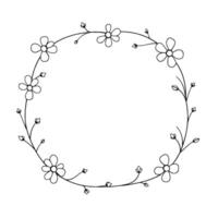 simple black and white handdrawn circular floral wreath with outlined flowers and budding branches on a white background. vector