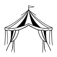 monochrome circus tent illustration featuring black and white striped canopy, decorative scalloped valance, and a triangular flag atop a classic , reminiscent of a vintage traveling show. vector