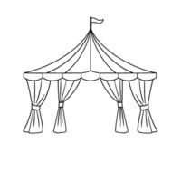 minimalist line art illustration of a circus tent with curtains and a small flag on top, black and white. vector