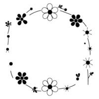 minimalist floral wreath in monochrome, featuring various stylized flowers and ornamental elements arranged circularly on a white background. vector