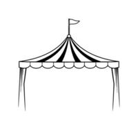 minimalist black and white circus tent with flag, striped canopy, scalloped edge, and open entrance, a simple . vector