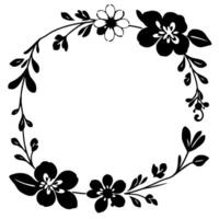 elegant black and white floral wreath, circular with blossoms, leaves, and branches, creating a delicate, ornamental border. vector