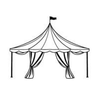 simple black and white line art illustration of a circus tent with flag, draped entrance, and supporting poles against a stark white backdrop. vector