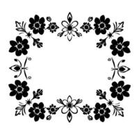 symmetrical floral border, black and white, with various stylized flower and leaf elements arranged around a central empty space. vector