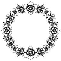 intricate floral wreath a symmetrical black and white line art featuring detailed open flowers and foliage, creating a classic circular frame for embellishment or invitation. vector
