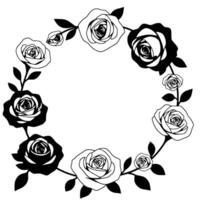 black and white floral wreath , featuring alternating roses, leaves, and buds arranged in a circular pattern, creating a minimalist and elegant aesthetic. vector