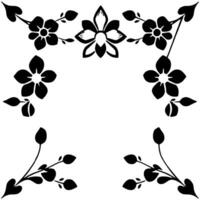 symmetrical floral pattern in black and white featuring stylized blossoms and leaves arranged to create a decorative border or frame. vector