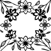 a symmetrical, black and white floral , composed of stylized flowers and leaves forming a circular frame with negative space center. vector