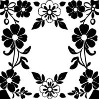 symmetrical black floral arrangement on white background, with stylized daisylike flowers and elegant stems, creating a decorative border. vector