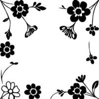 black and white floral a minimalist composition featuring stylized flowers and foliage artfully arranged in the corners, creating a delicate frame. vector