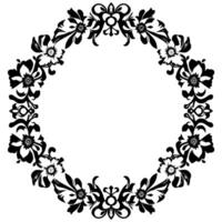 a symmetrical black and white floral wreath , with a central open circular space, adorned by ornate stylized blossoms and foliage. vector