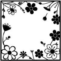 a black white floral frame border with varied flower styles, leafy sprigs, and an open white center for text or graphics. vector