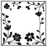 elegant black floral frame with botanical silhouettes and a simple, handdrawn border, featuring a blank center space. vector