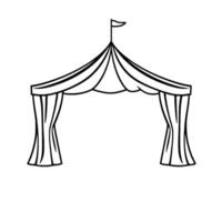 line art illustration of a classic circus tent entrance with flowing drapes and a small flag on top, isolated on a white background. vector