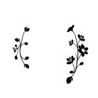 minimalist black and white floral featuring two symmetrical, arcing branches with leaves and blooms on a clean white background. vector