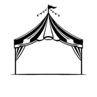 minimalist black and white circus tent illustration a classic striped big top, with a flag, lightbulbs, and a welcoming open entrance, isolated on a clean white background. vector