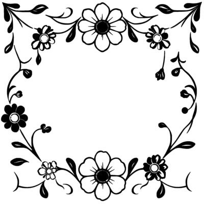elegant black and white floral frame botanical illustration with delicate blooms and leafy vines, emphasizing symmetry and .