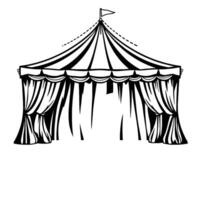 black and white illustration of a vintage circus tent, featuring striped canopy, draped curtains, and a small flag at the apex. vector