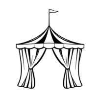 a monochrome illustration of a stylized circus tent with striped roof, draped curtains, and a pennant flag, isolated on a white background. vector