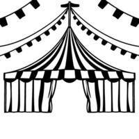 black and white circus tent illustration with striped roof, draped curtains, decorative flags, and simple linear elements. vector