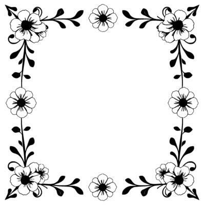 elegant black and white floral border with blossoms, leaves, and delicate vines, forming a square frame on white.