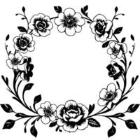 elegant black and white floral wreath featuring roses and other stylized flowers and leaves, arranged in a circular pattern on a white background. vector