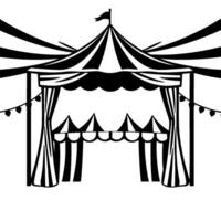 black and white circus tent illustration featuring striped canopy, open front with curtains, decorative lights, and a flag at the peak. vector