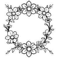 handdrawn monochrome floral wreath with a symmetrical composition, featuring stylized daisies, buds, and leaves arranged around a blank central space. vector