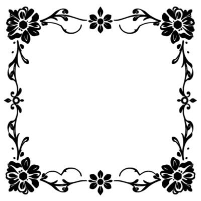 ornate black floral frame on white, decorative border with flowers, vines, and curls, perfect for invitations and .