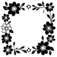 a decorative black and white floral border featuring stylized flowers and leaves arranged around a central white space, suitable for invitations or elements. vector