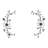 elegant floral frame delicate black line art of flowers, leaves, and vines forming symmetrical arcs on white background. vector