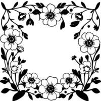elegant black and white floral frame, featuring stylized flowers and leaves, enclosing an open space for elements. vector
